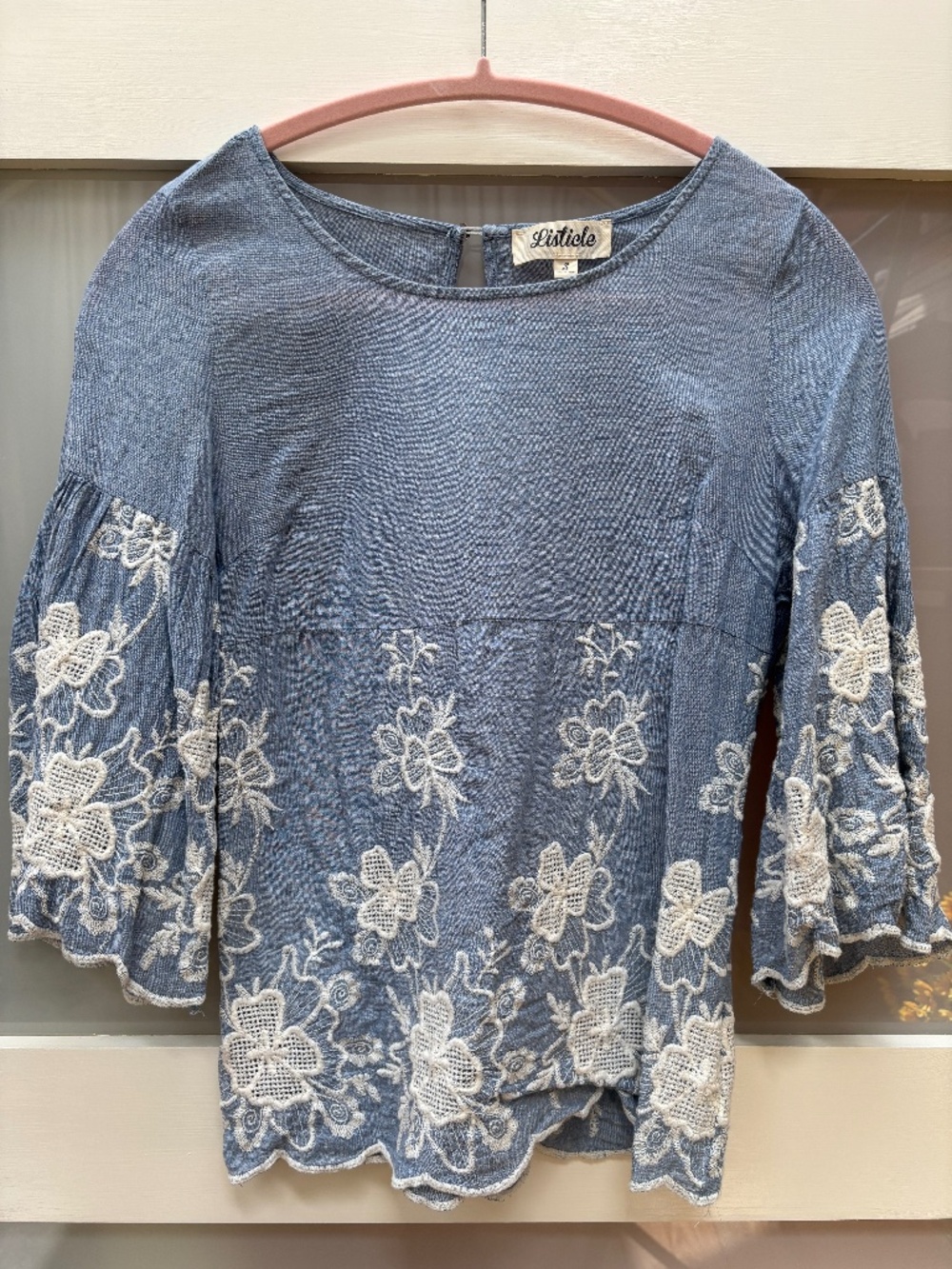 S Listicle Chambray Lace Bell Sleeve Blouse